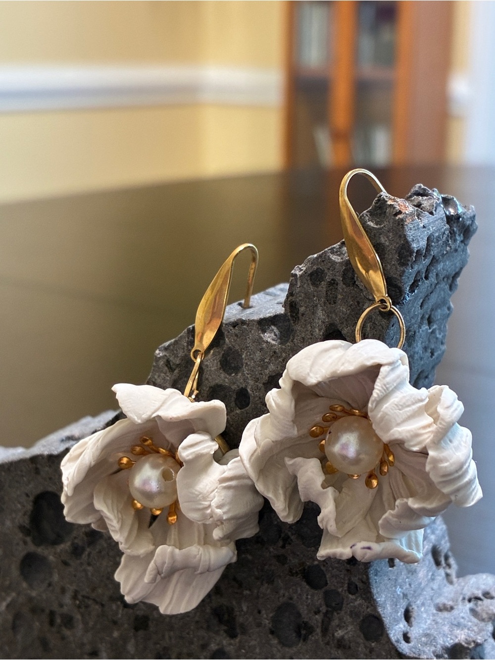 Handcrafted White Floral Drop Earrings with Gold Accents